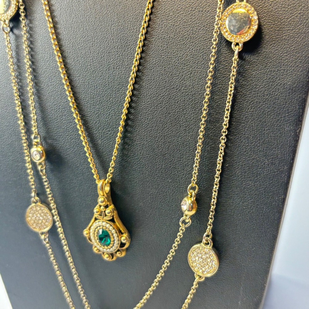 Avon Ann Taylor Necklace Lot Gold Green Faux Emerald Pearl Crystal Whimsygoth